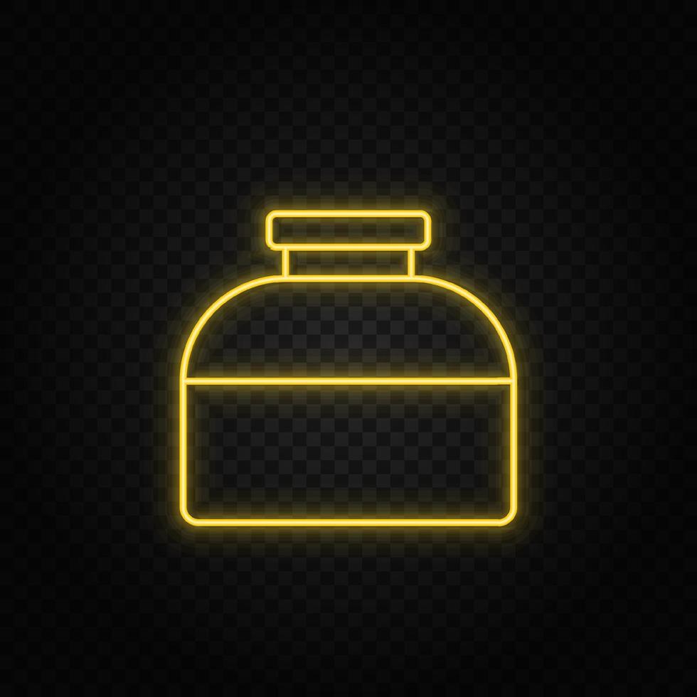 Yellow neon icon ink, bottle. Transparent background. Yellow neon vector icon on dark background