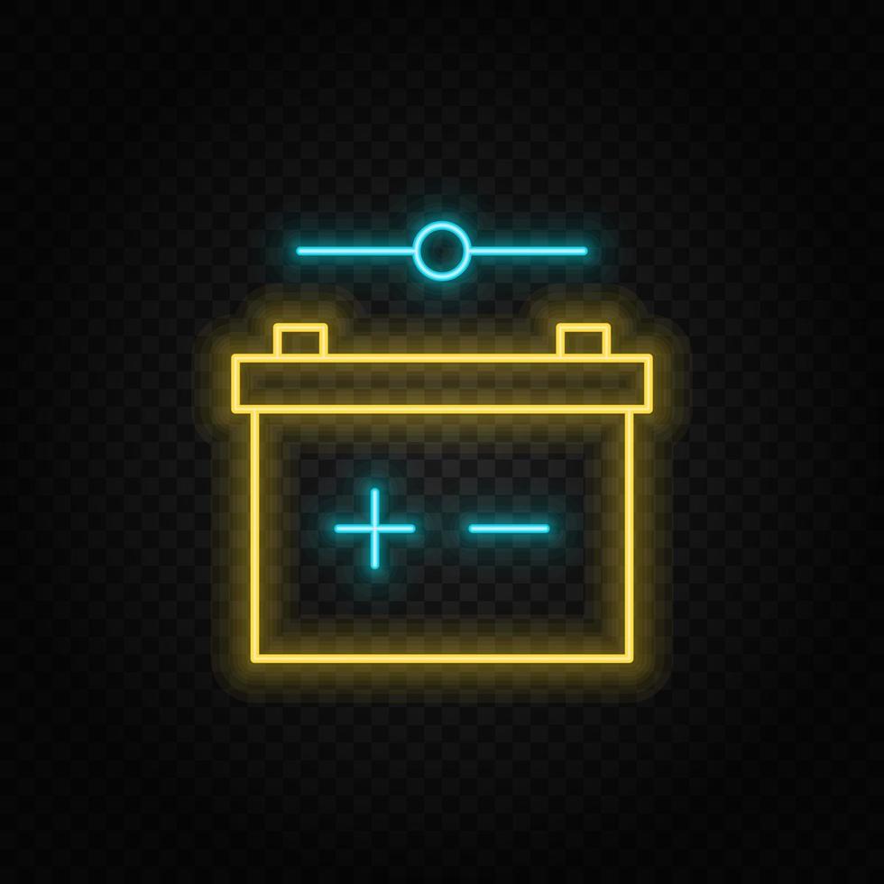 battery, contact neon vector icon. Blue and yellow neon vector icon. Vector transparent background