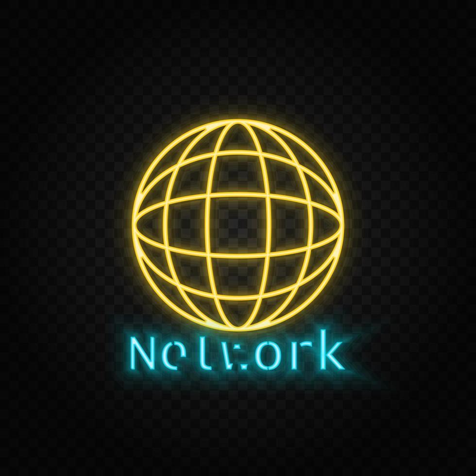 Network. Blue and yellow neon vector icon. Transparent background on dark background