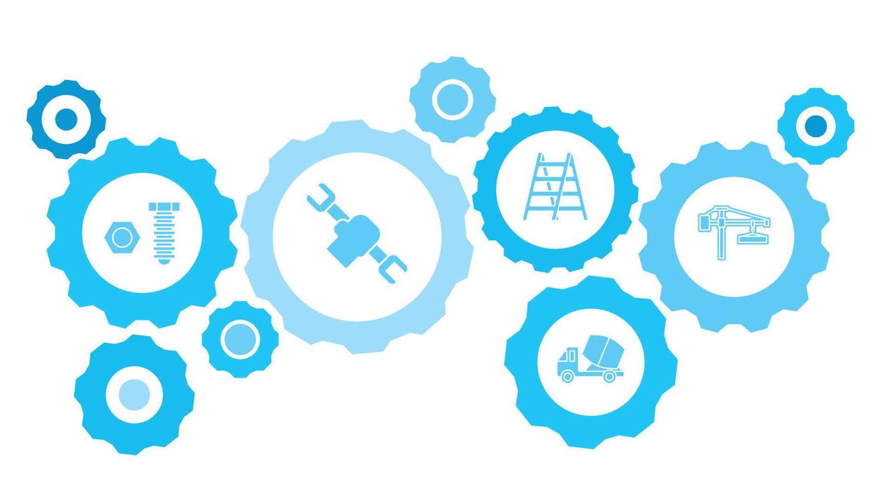 Connected gears and vector icons for logistic, service, shipping, distribution, transport, market, communicate concepts. building, construction, crane gear blue icon set on white background