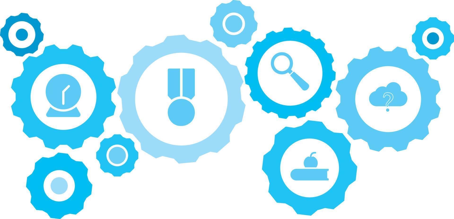 Connected gears and icons for logistic, service, shipping, distribution, transport, market, communicate concepts,cloud faq, cloud support gear blue icon set on white background vector