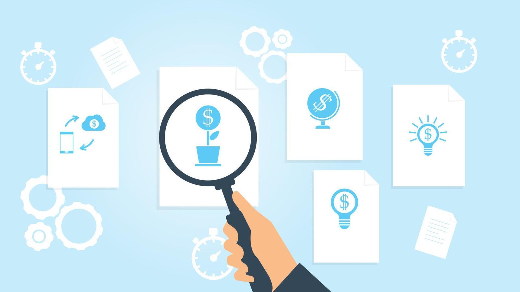 Bulb, business file, document research vector illustrationDocument with search icons. File and magnifying glass. Analytics research sign. Vector Illustration on white background