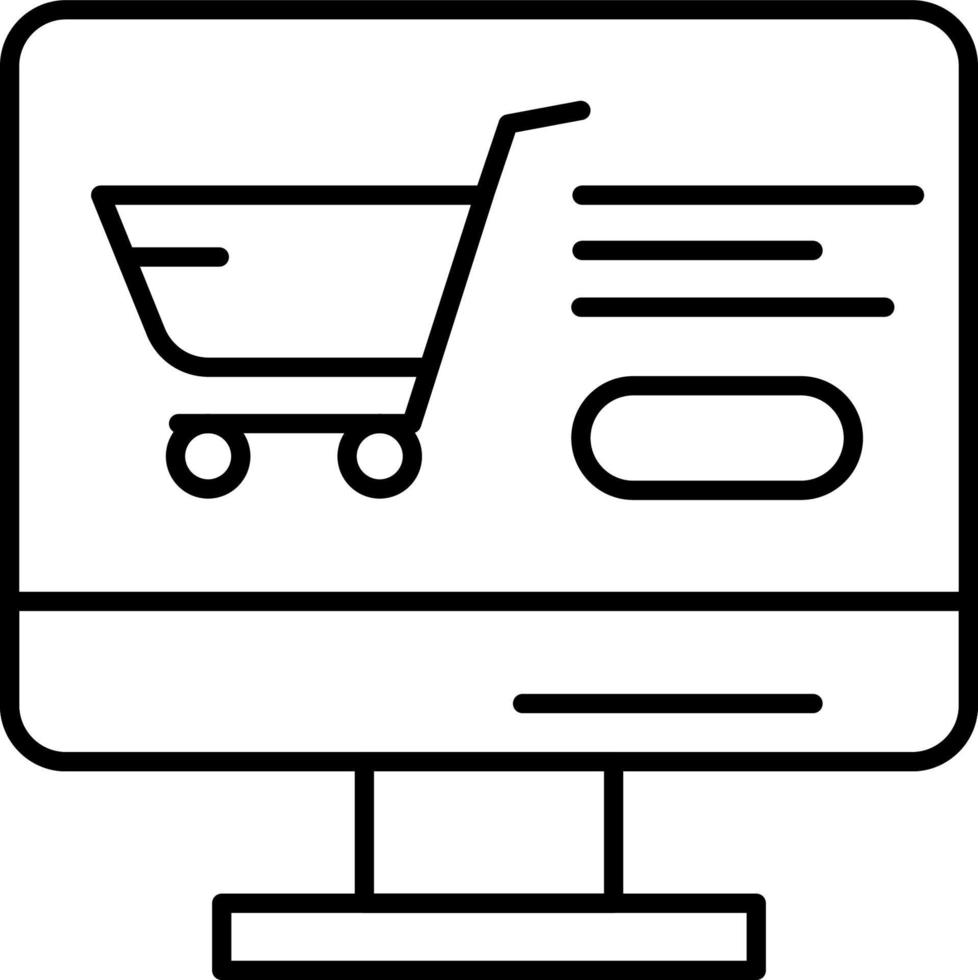 E-commerce monitor, grocery cart, button outline vector icon
