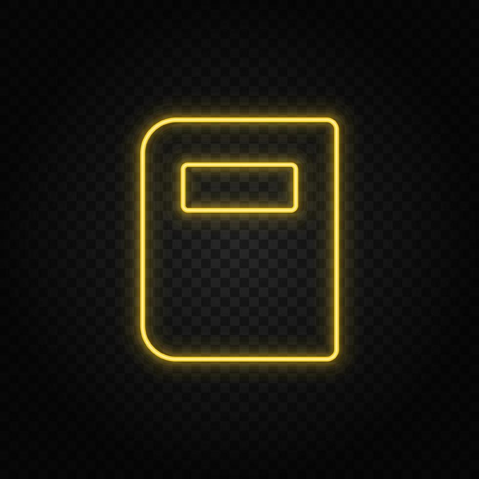 Yellow neon icon book. Transparent background. Yellow neon vector icon on dark background