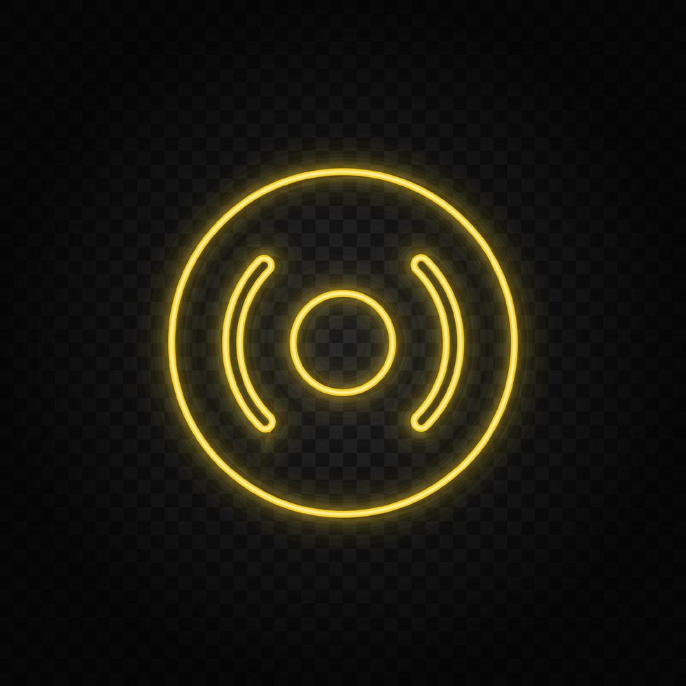 Yellow neon icon cd, disk, dvd. Transparent background. Yellow neon vector icon on dark background