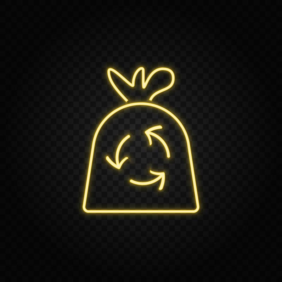 Yellow neon icon bag, recycle. Transparent background. Yellow neon vector icon on dark background