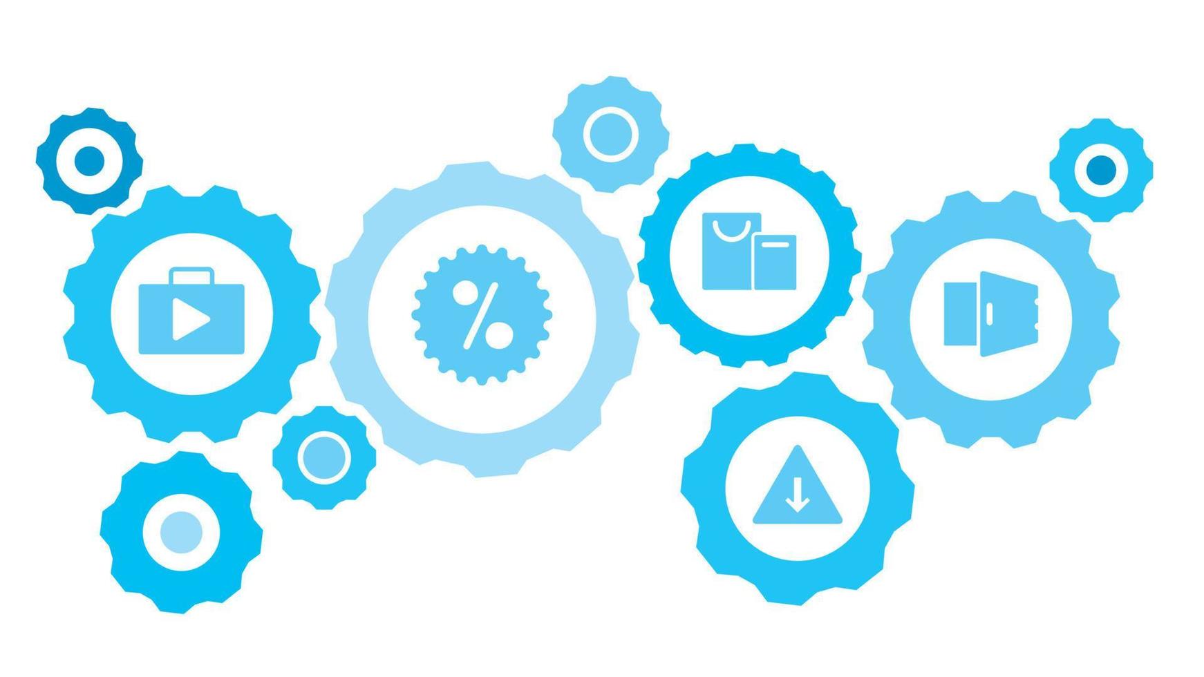 Connected gears and vector icons for logistic, service, shipping, distribution, transport, market, communicate concepts. Add, buy, shop gear blue icon set on white background