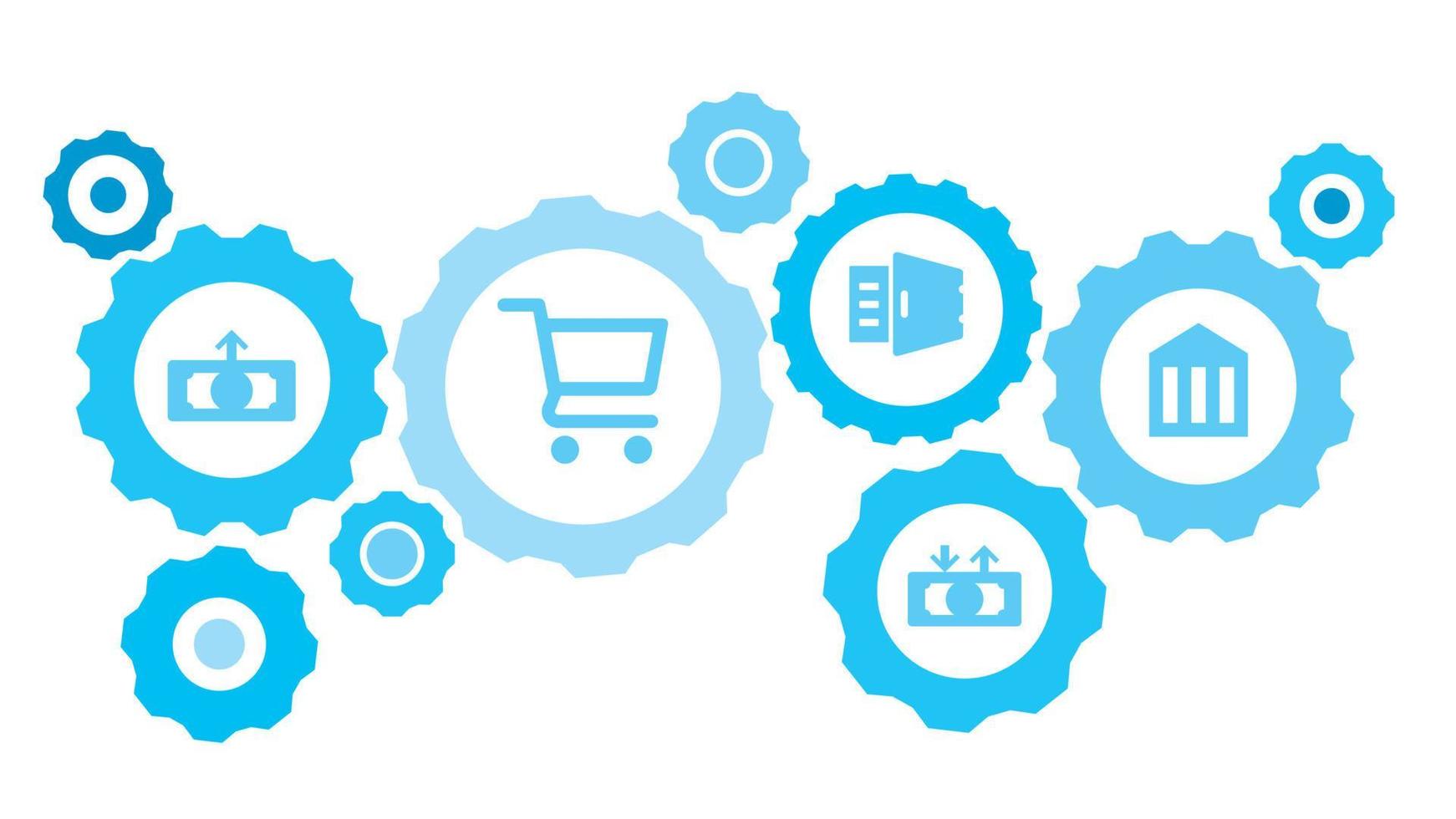 Connected gears and vector icons for logistic, service, shipping, distribution, transport, market, communicate concepts. Career, finance, pyramid gear blue icon set on white background