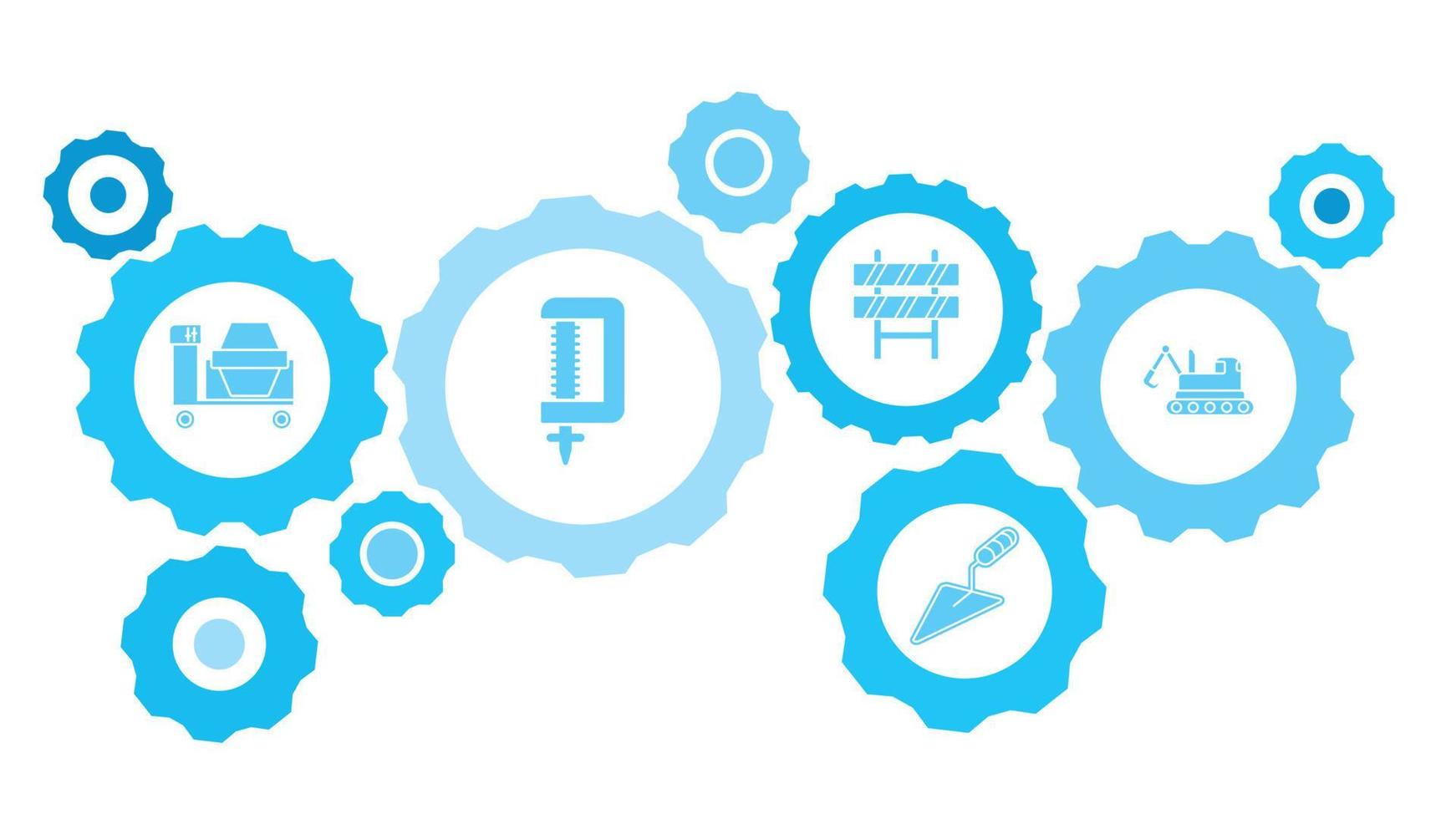 Connected gears and vector icons for logistic, service, shipping, distribution, transport, market, communicate concepts. building, construction, excavator gear blue icon set on white background