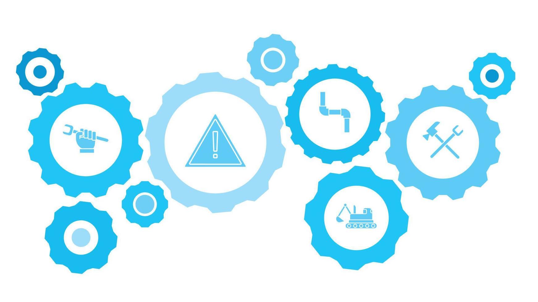 Connected gears and vector icons for logistic, service, shipping, distribution, transport, market, communicate concepts. building, construction, industry, setting gear blue icon set.