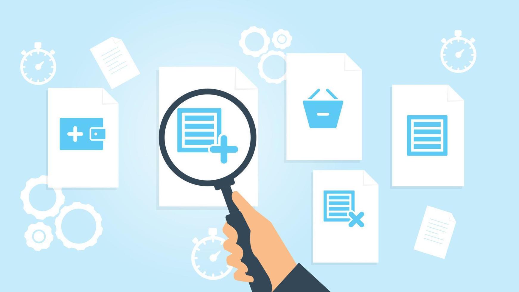 Document with search icons. File and magnifying glass. Analytics research sign. Vector Illustrationbox file, document research vector illustration on white background
