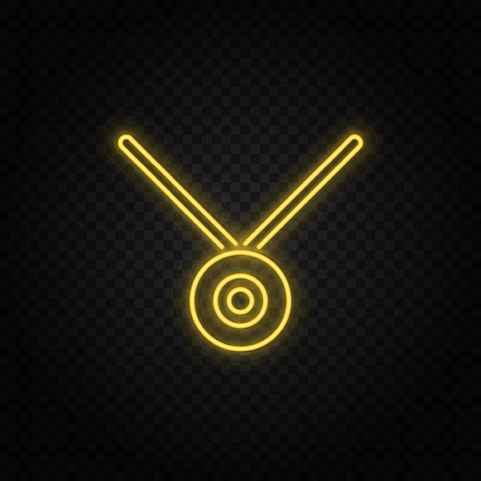 Yellow neon icon medal, prize. Transparent background. Yellow neon vector icon on dark background