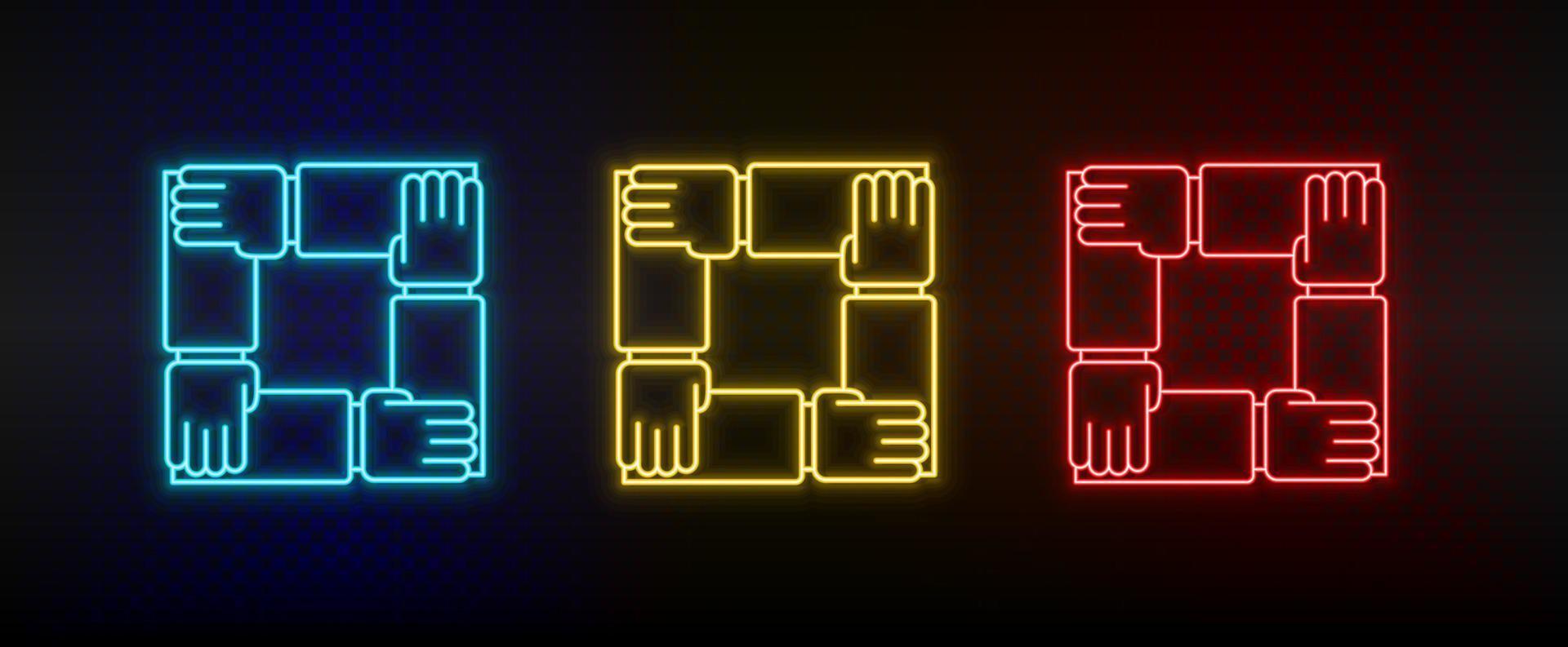 Neon icon set cooperation, hands. Set of red, blue, yellow neon vector icon on transparency dark background