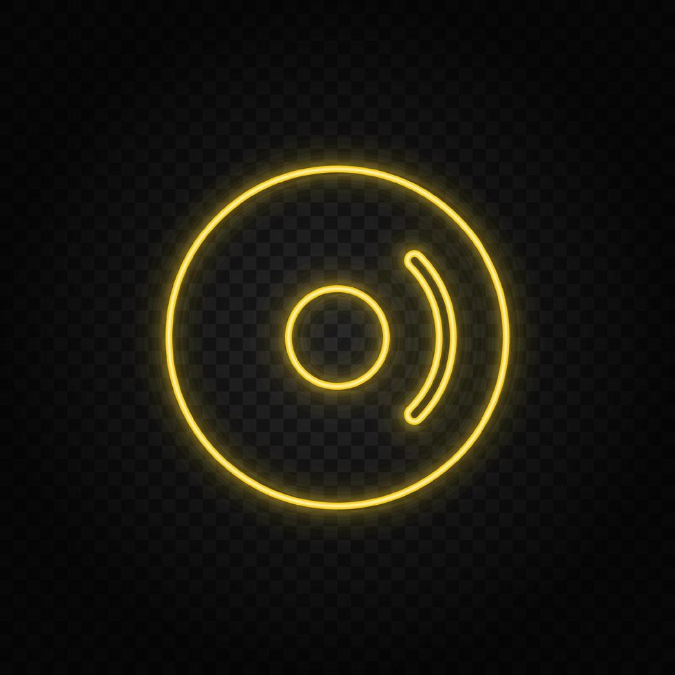 Yellow neon icon cd, disk, dvd. Transparent background. Yellow neon vector icon on dark background