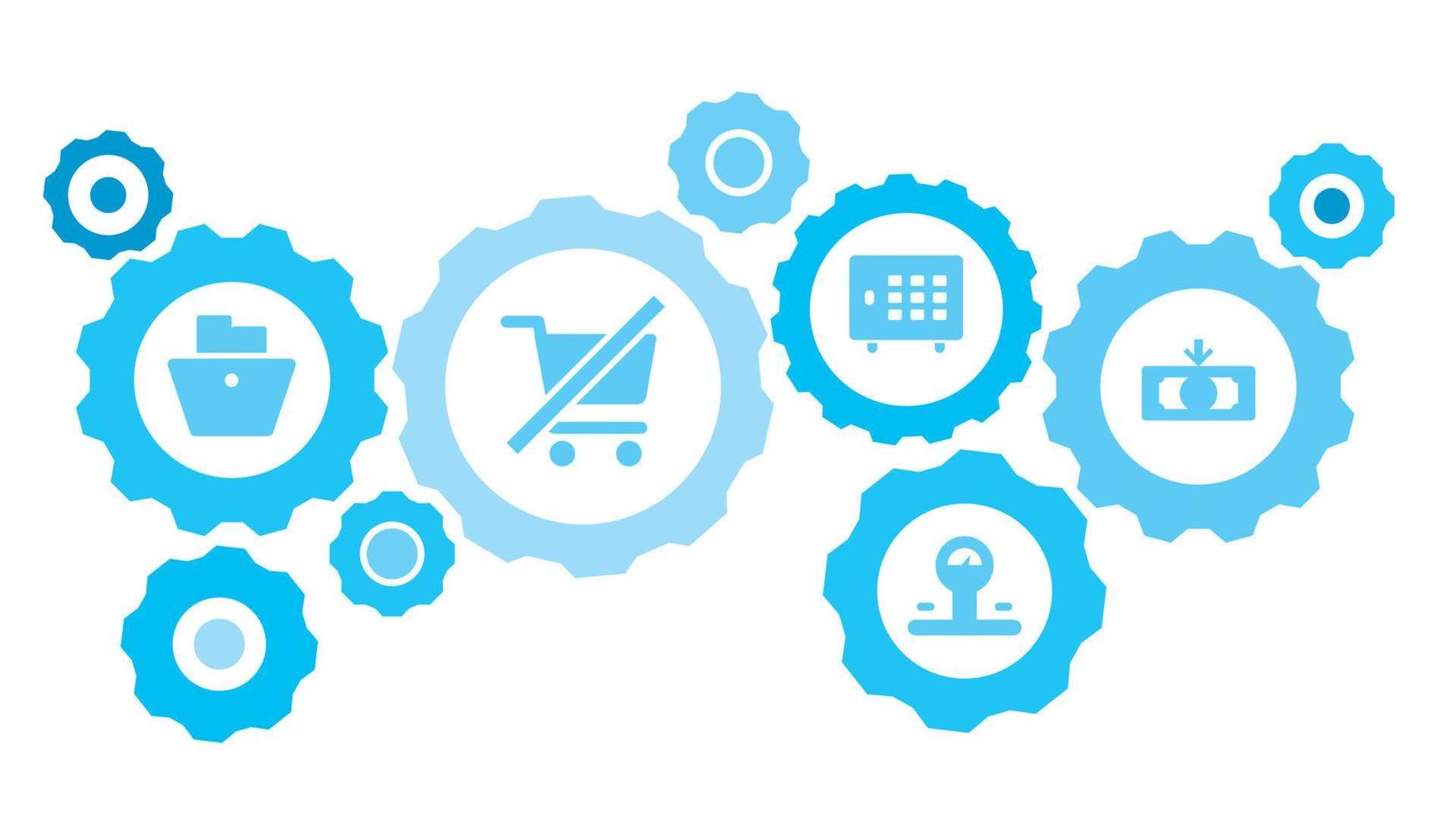 Connected gears and vector icons for logistic, service, shipping, distribution, transport, market, communicate concepts. Deposit, gold, safe gear blue icon set on white background