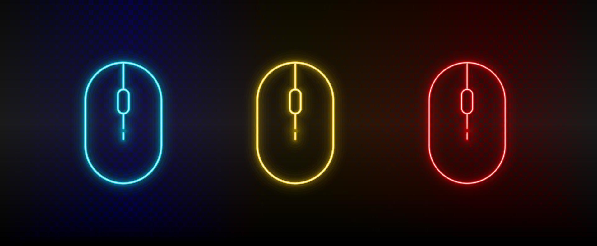 Neon icon set Click hardware mouse. Set of red, blue, yellow neon vector icon on transparency dark background