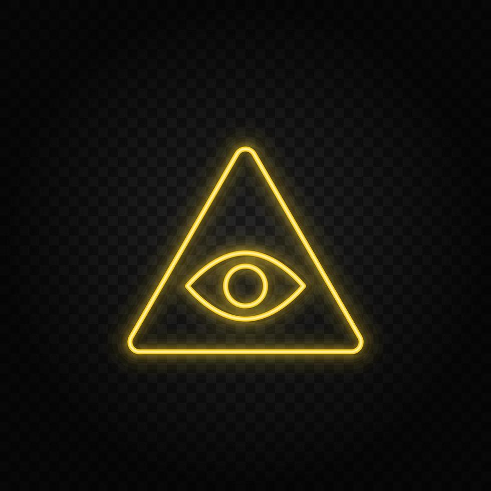 Yellow neon icon eye, pyramid.Transparent background. Yellow neon vector icon on dark background