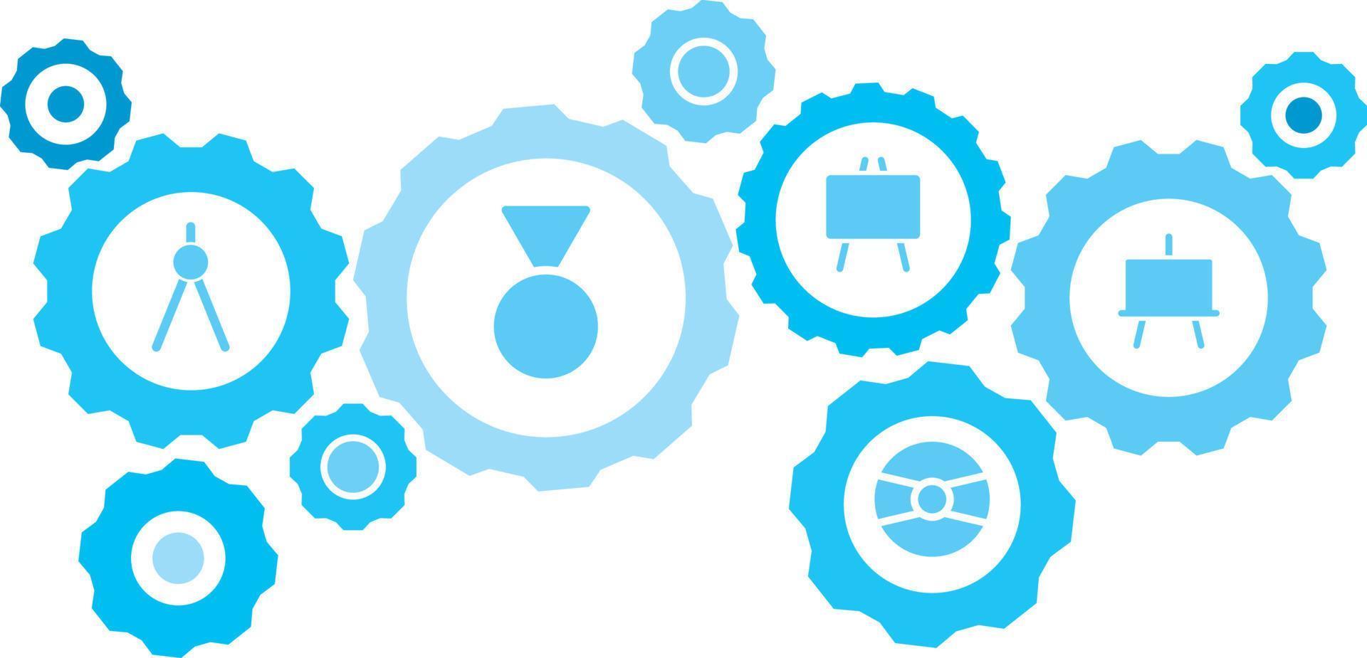 Connected gears and icons for logistic, service, shipping, distribution, transport, market, communicate concepts,blackboard gear blue icon set. Delivery mechanism concept. on white background vector