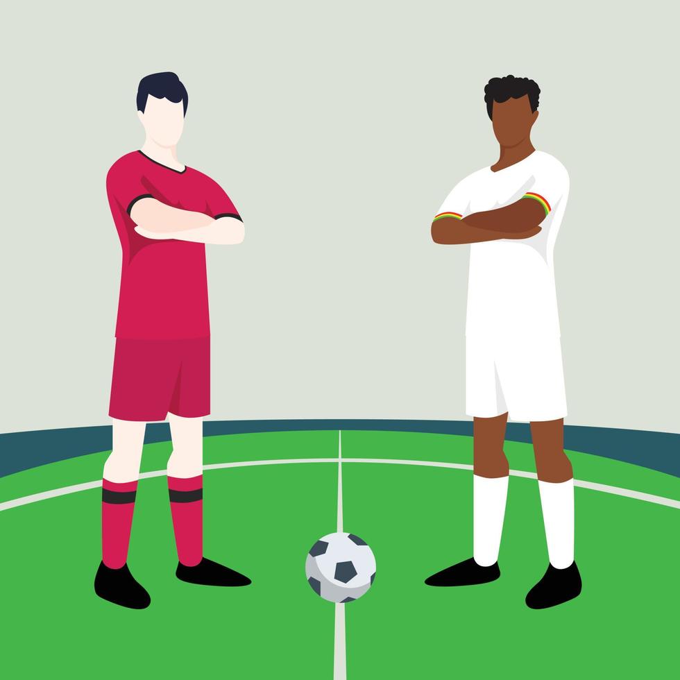 Match preview displaying two male footballers within a football field vector illustration. South Korea vs Ghana.