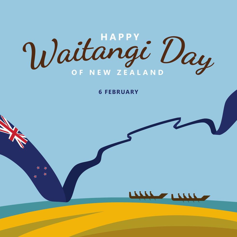 nuevo de zelanda esperarangi día o el día de Fundación de el nación celebracion vector ilustración con un largo bandera y tradicional maorí bote. adecuado para social medios de comunicación correo.