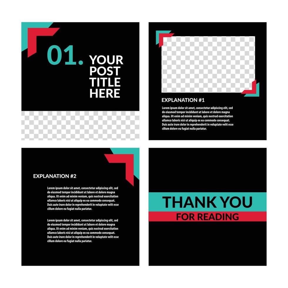 Black colored social media template with green and red colored accent. Suitable for carousel and microblog style. vector