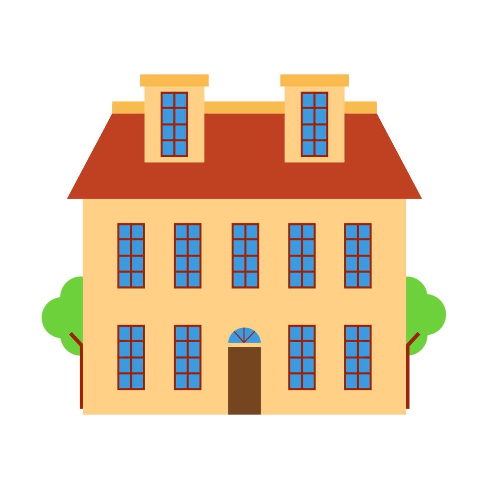 Old house style with dormers and wide window. European house. Old castle clip art. Royal palace. A house with yellow paint. vector