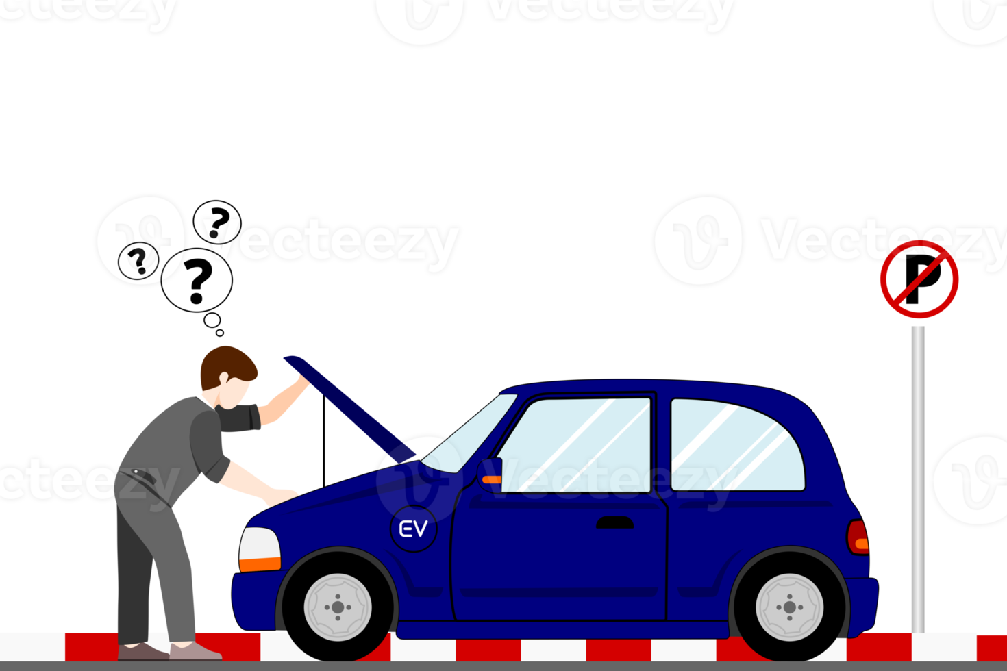 Auto mechanic repairing vehicle engine isolated flat illustration transparent background. Cartoon man fixing or checking car with open hood in garage. Service and maintenance concept.a man fix a car. png