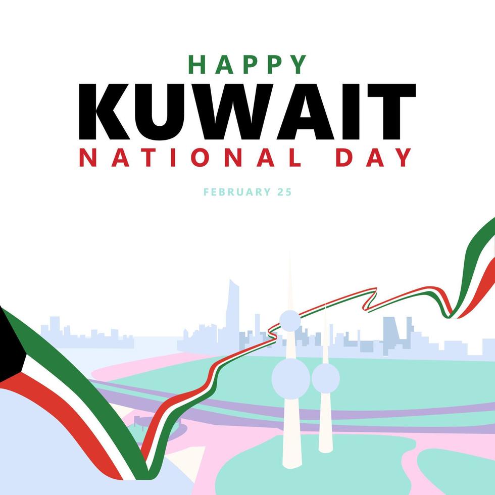 Kuwait national day vector illustration with a long flag and the surreal city skyline. Suitable for social media post.