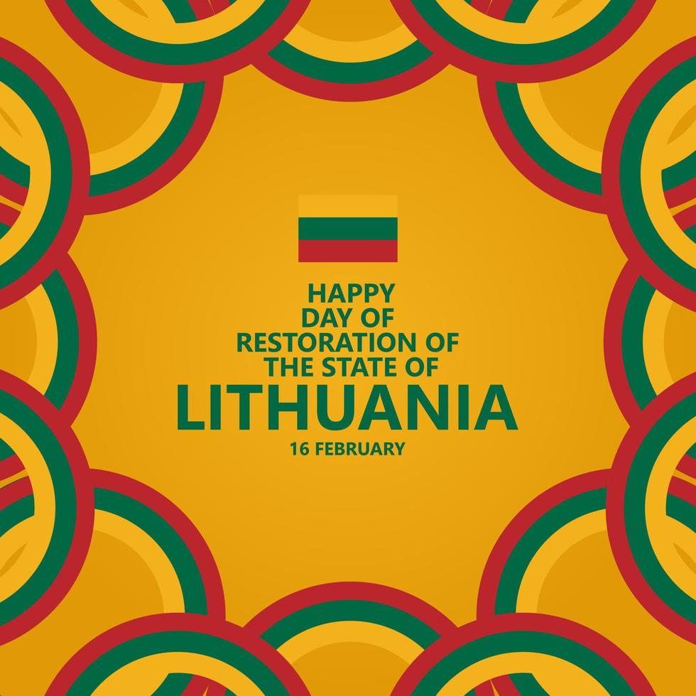 Day of restoration of the state of Lithuania vector template with yellow color theme and circular national flag. European and Baltic country public holiday. Suitable for social media post.