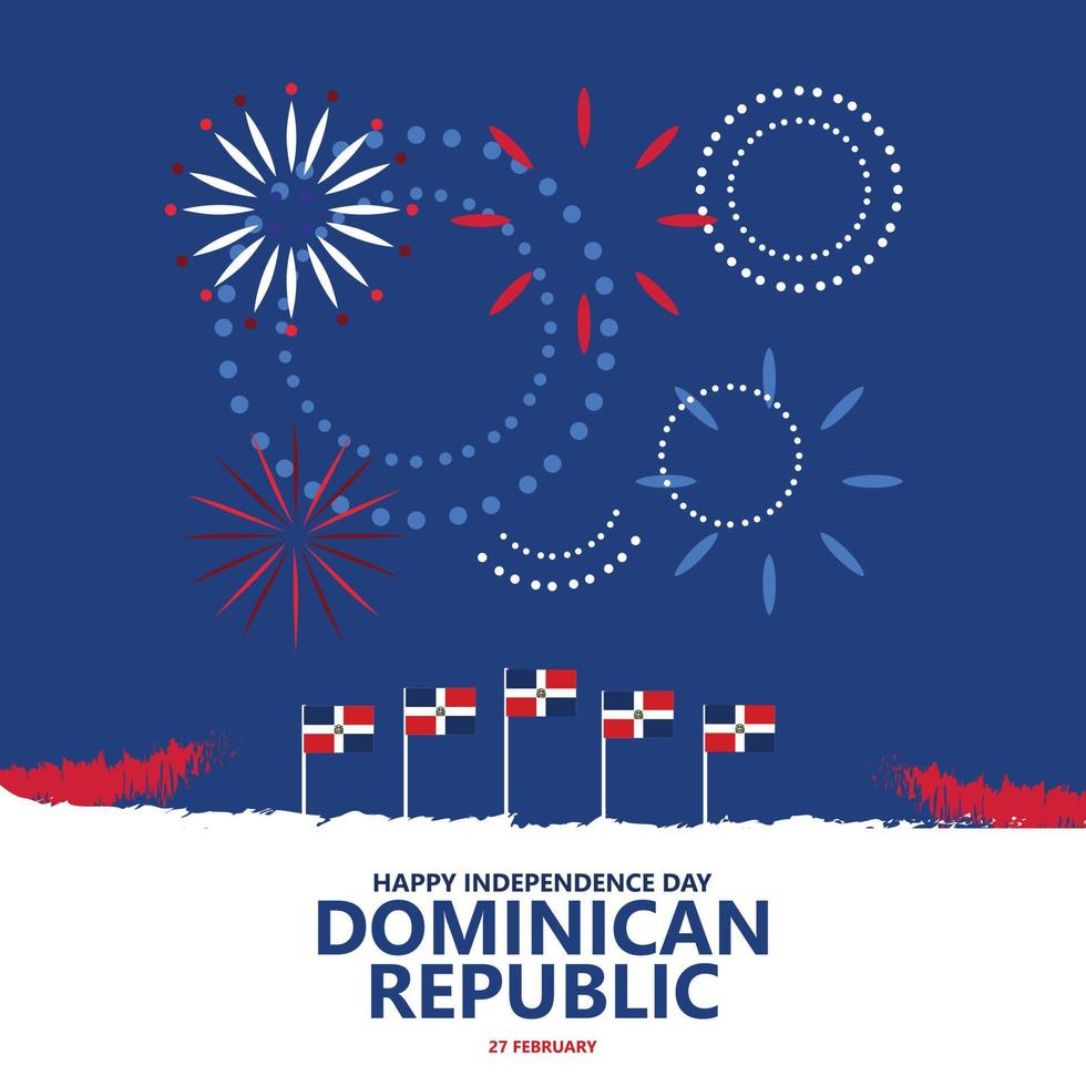 Dominican Republic independence day vector illustration with national flag and fireworks. Caribbean country public holiday greeting card. Suitable for social media post.