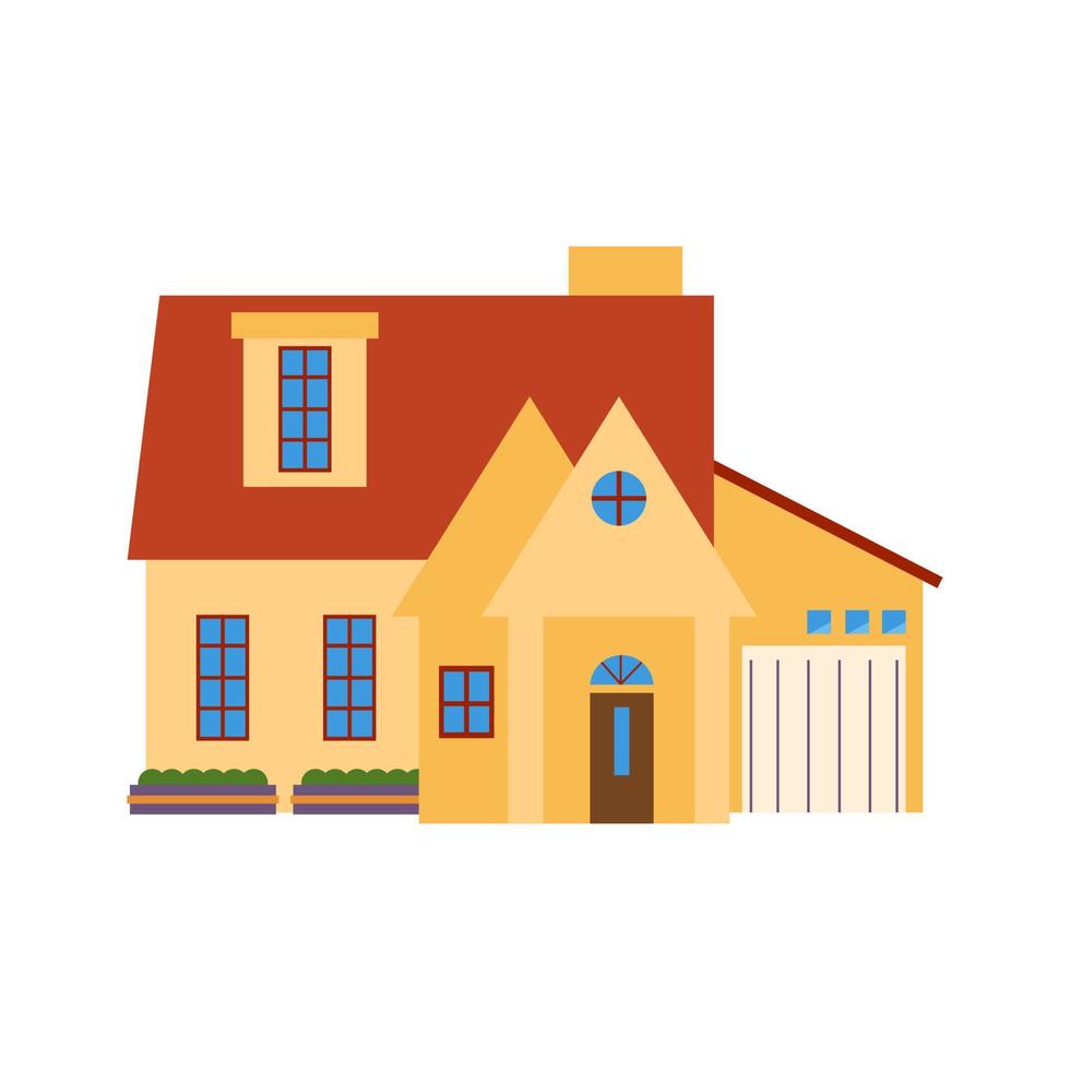 Old European style house with wide window, chimney, dormer, and car garage. A house with yellow paint. vector