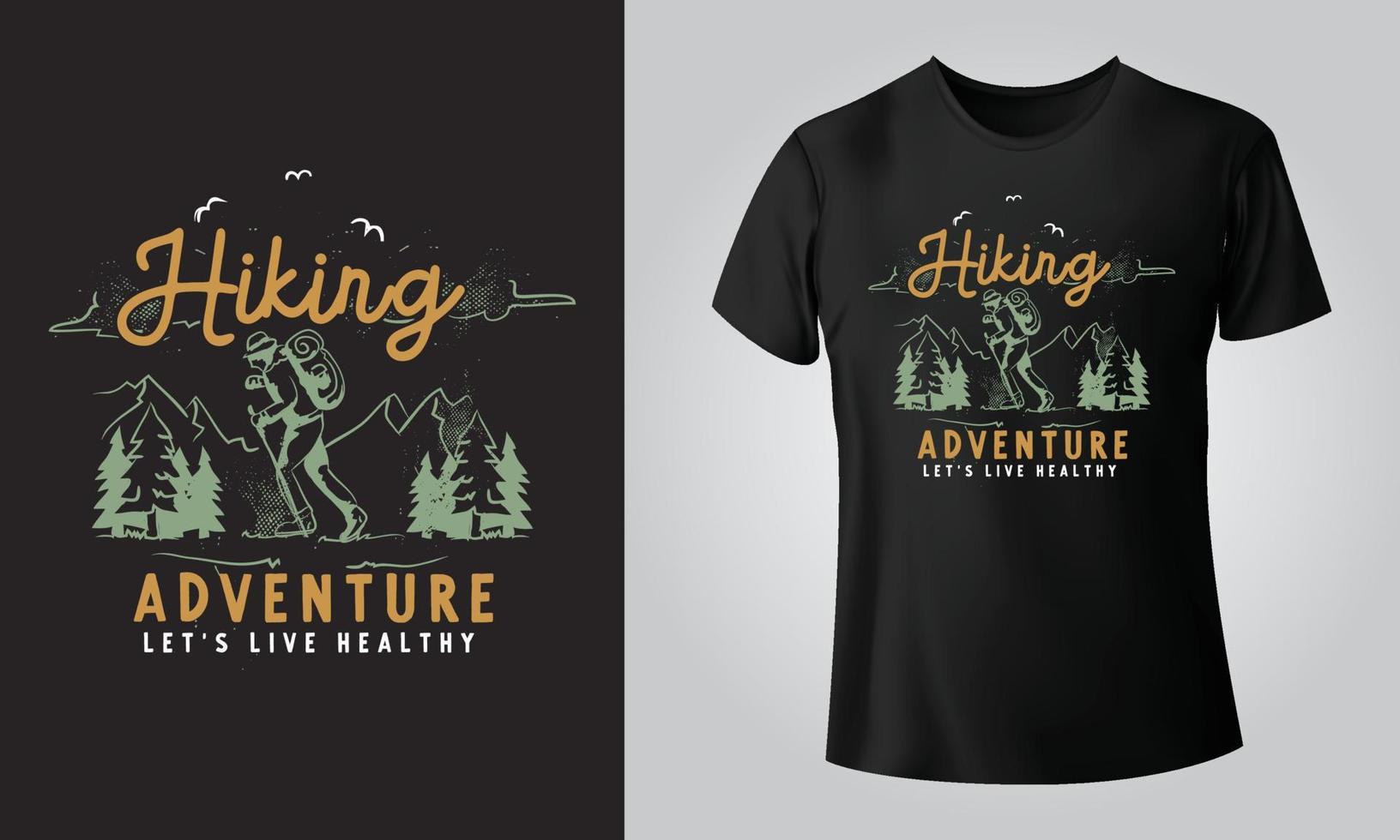 Hiking, Adventure, let,s live healthy - Typographical Black Background, T-shirt, mug, cap and other print on demand Design, svg, png, jpg, eps vector