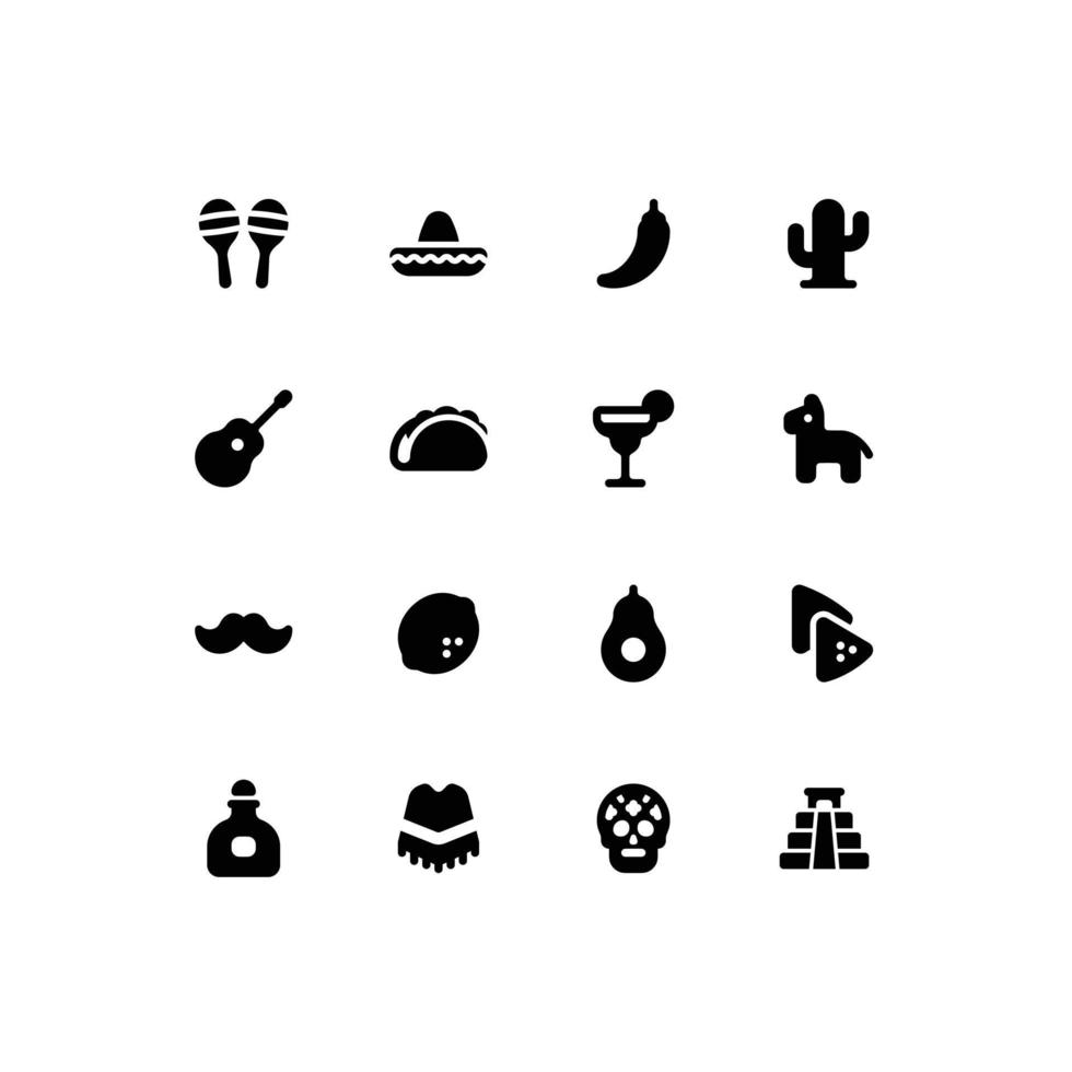 Cute Cinco de Mayo and day of the dead solid glyph icon set with Mexico related icons vector