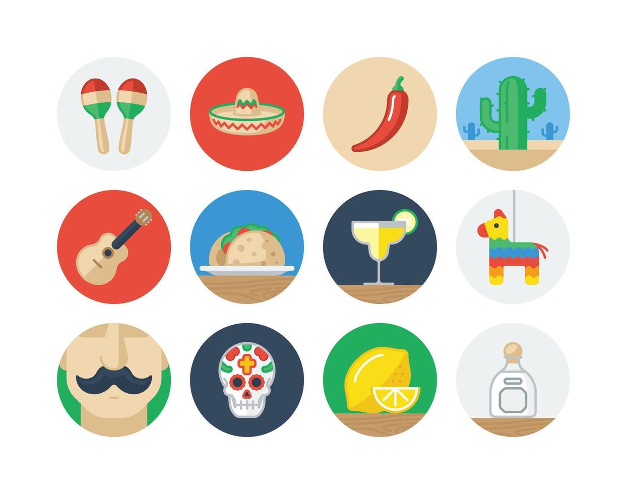 Cinco de Mayo and day of the dead flat circle icon set with Mexico related icons vector