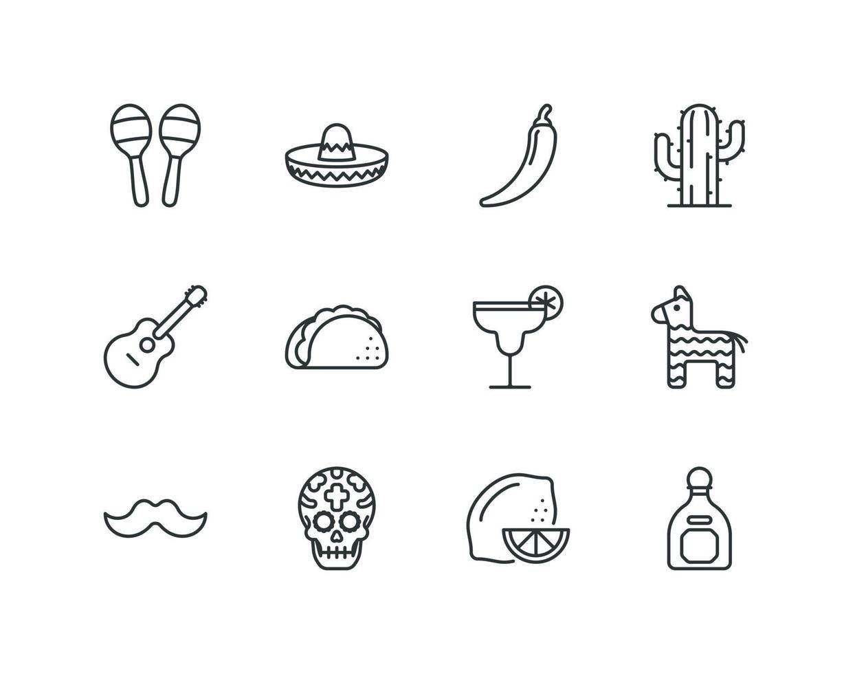 Cinco de Mayo and day of the dead line icon set with Mexico related icons vector