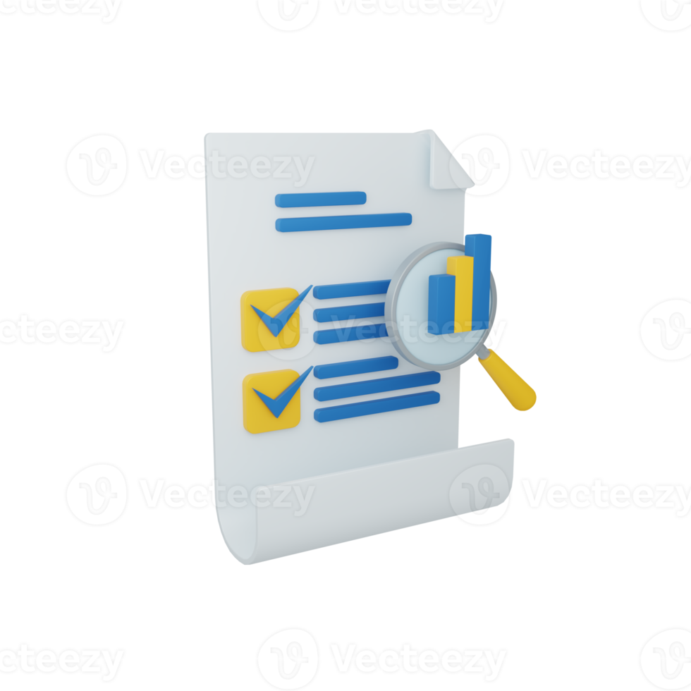 3d Renderização auditar conceito com ampliação vidro e colorida relatório ou declaração png