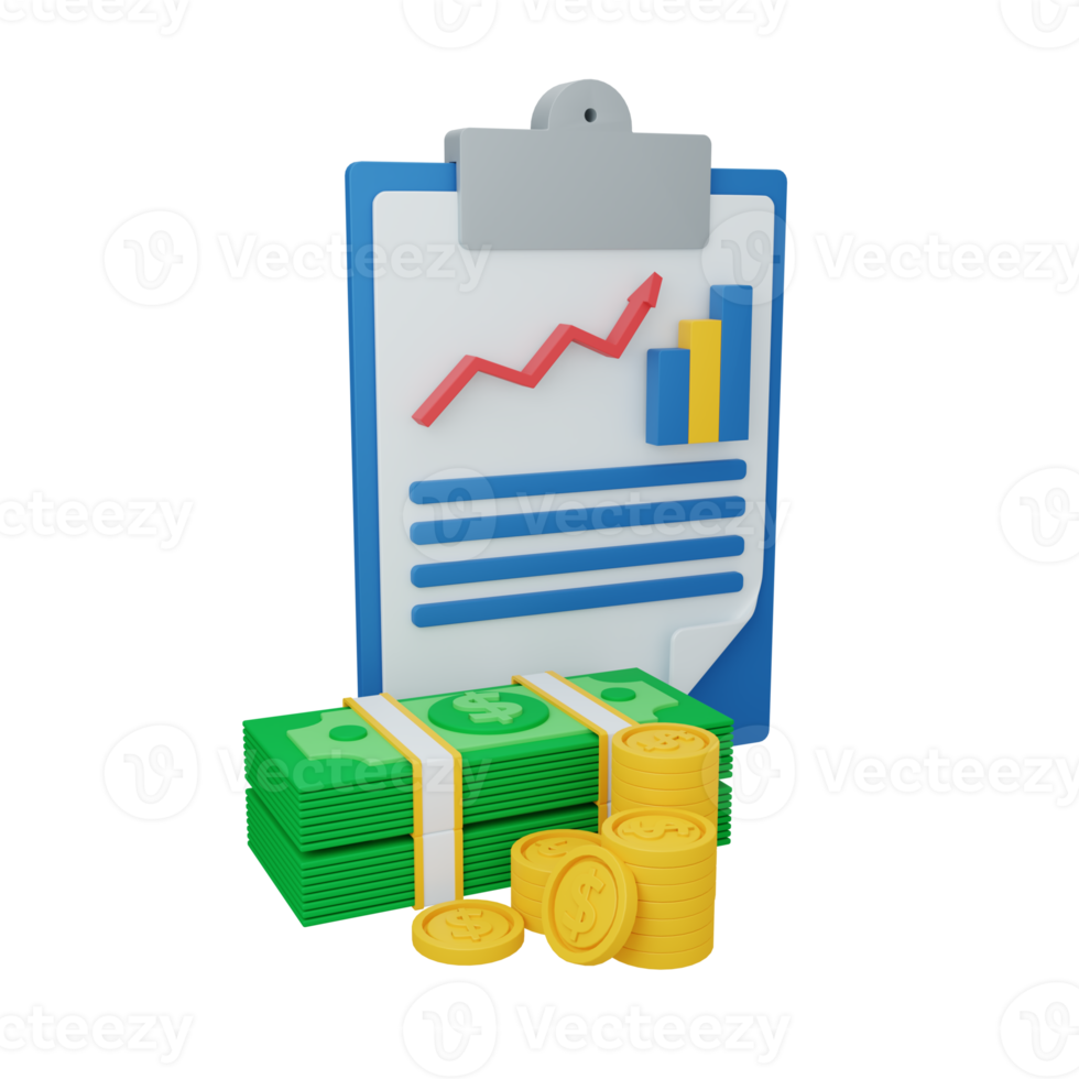 3d rendering reporting concept with clipboard, report or statement and colorful money png