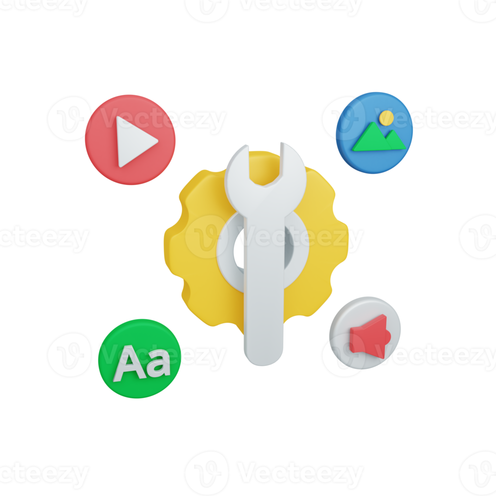 3d rendering management content concept with gear and colorful content. useful for web development png