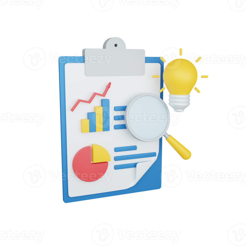 3d rendering results concept with clipboard and colorful report or statement png