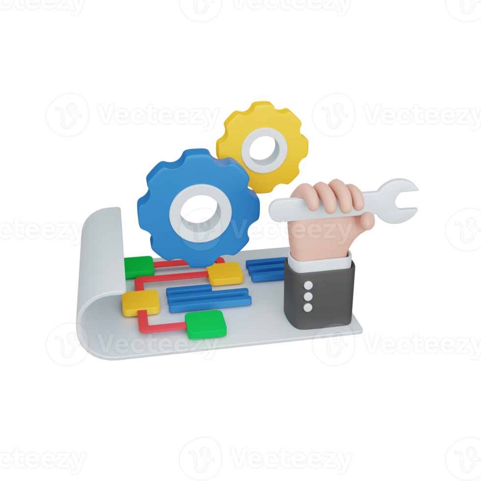 3d rendering plan concept with gear and colorful strategy symbol. useful for web development png