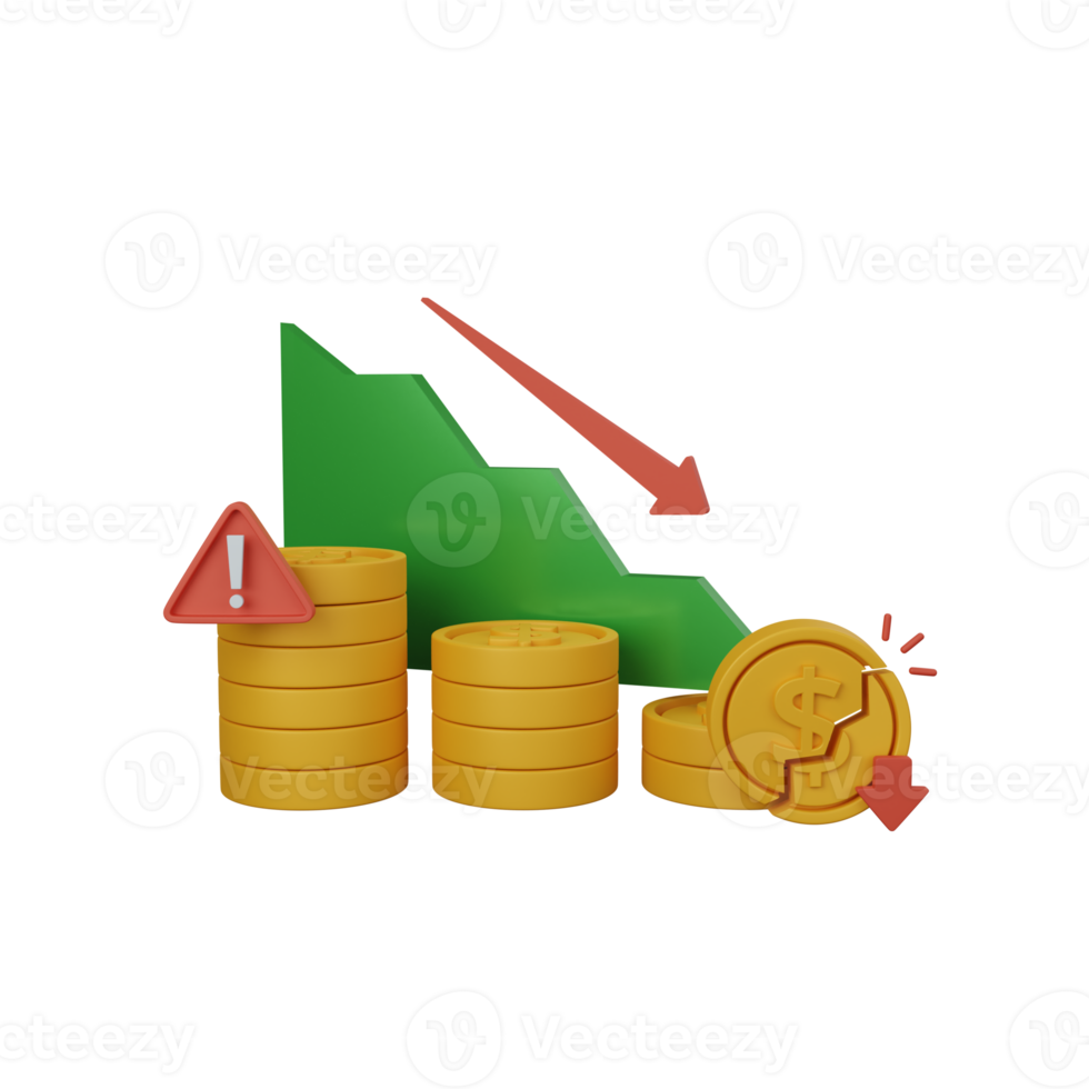 3d Renderização falido conceito com Barra gráfico e moedas png