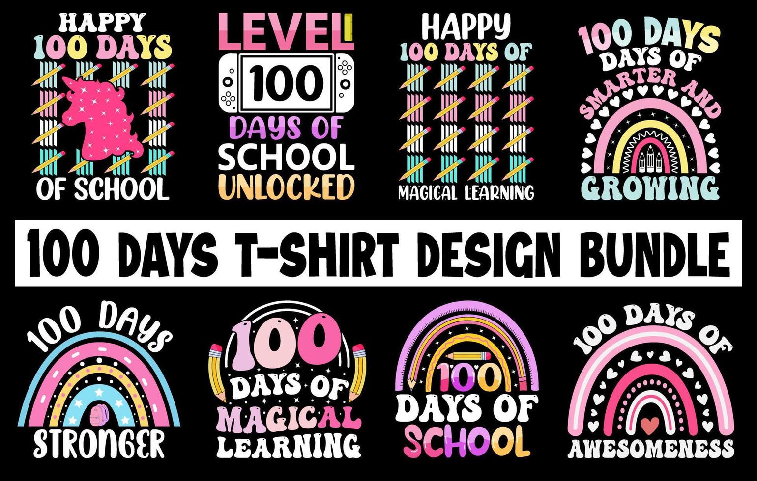 Centésimo dias de colegio camiseta manojo, cien dias camiseta diseño colocar, colorante camiseta recopilación, niños camiseta diseño conjunto vector