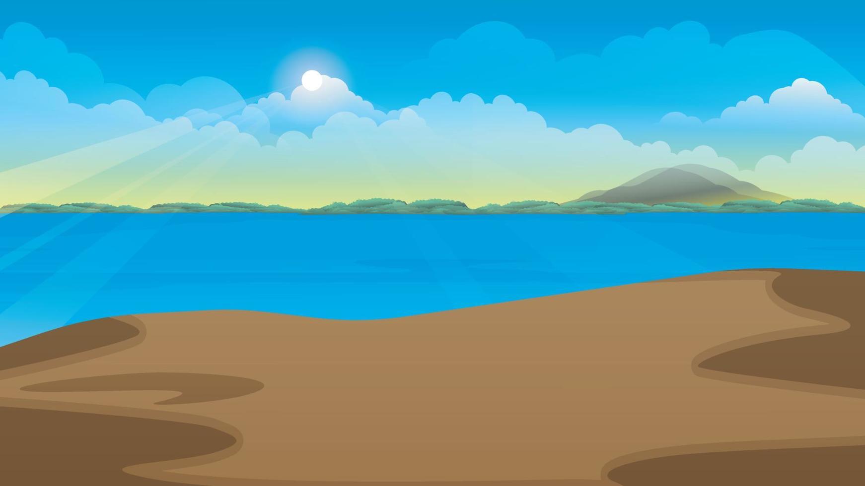 hermosa azul mar y un arena playa 2d vector fondo, mar playa paisaje en día hora