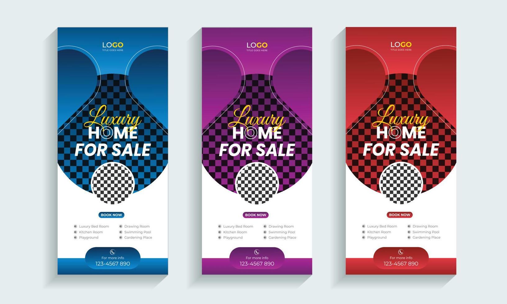 Home sell Real Estate roll up banner or cover design template, Vertical, Horizontal and luxury background with standard size, Modern and luxury property, home or house sale advertising post. vector