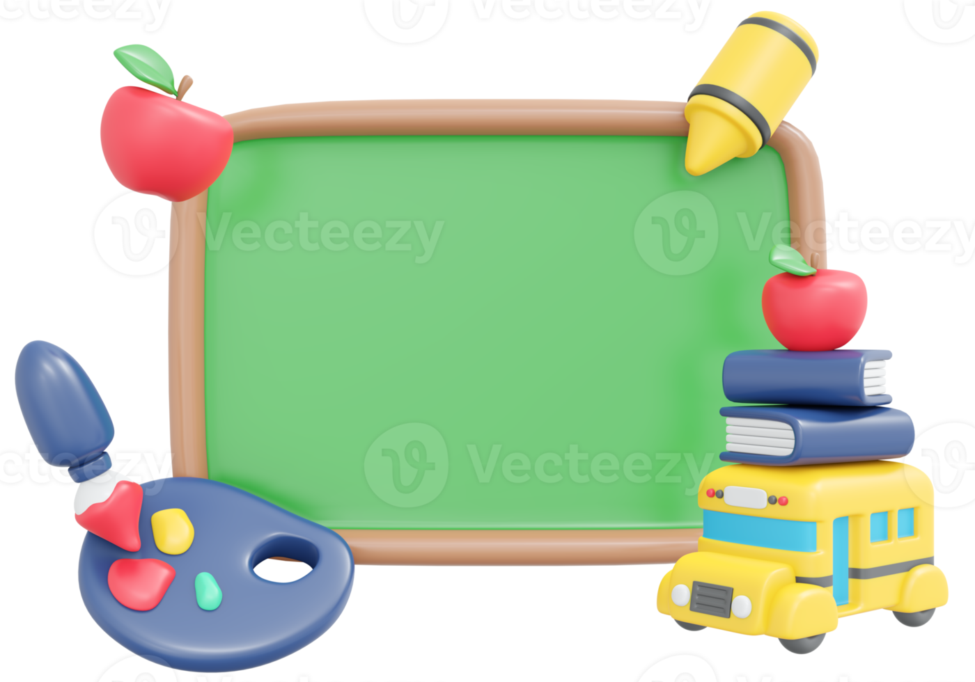 3D Rendering back to school blackboard template cartoon style. 3D Render illustration. png