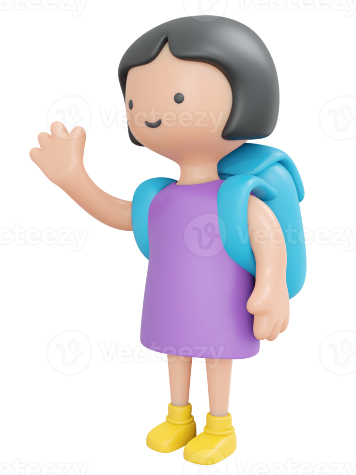 3D Rendering happy girl waving hand say hello with backpack cartoon style. 3D Render illustration. png