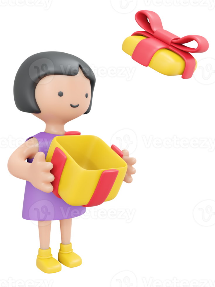 3D Rendering happy girl holding gift box open cartoon style. 3D Render illustration. png