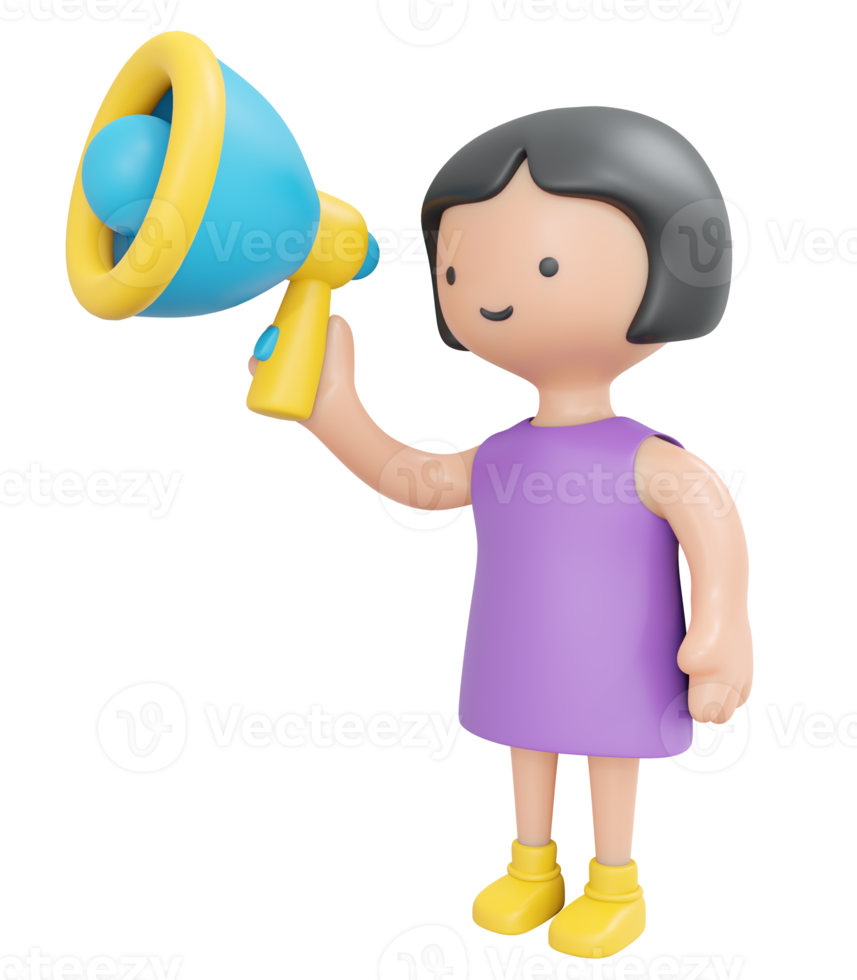 3D Rendering happy girl holding megaphone cartoon style. 3D Render illustration. png