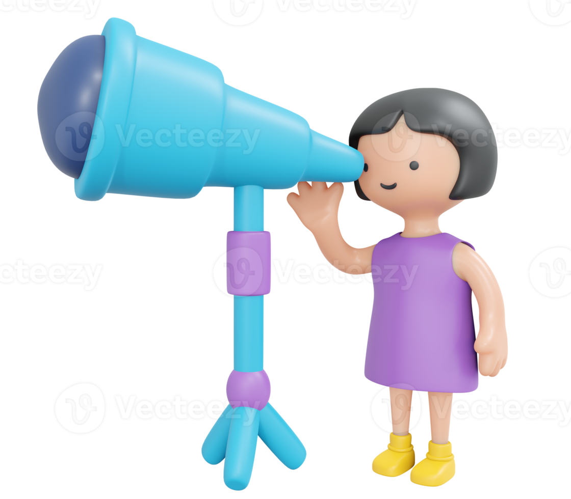 3D Rendering happy girl using telescope science study astronomy cartoon style. 3D Render illustration. png