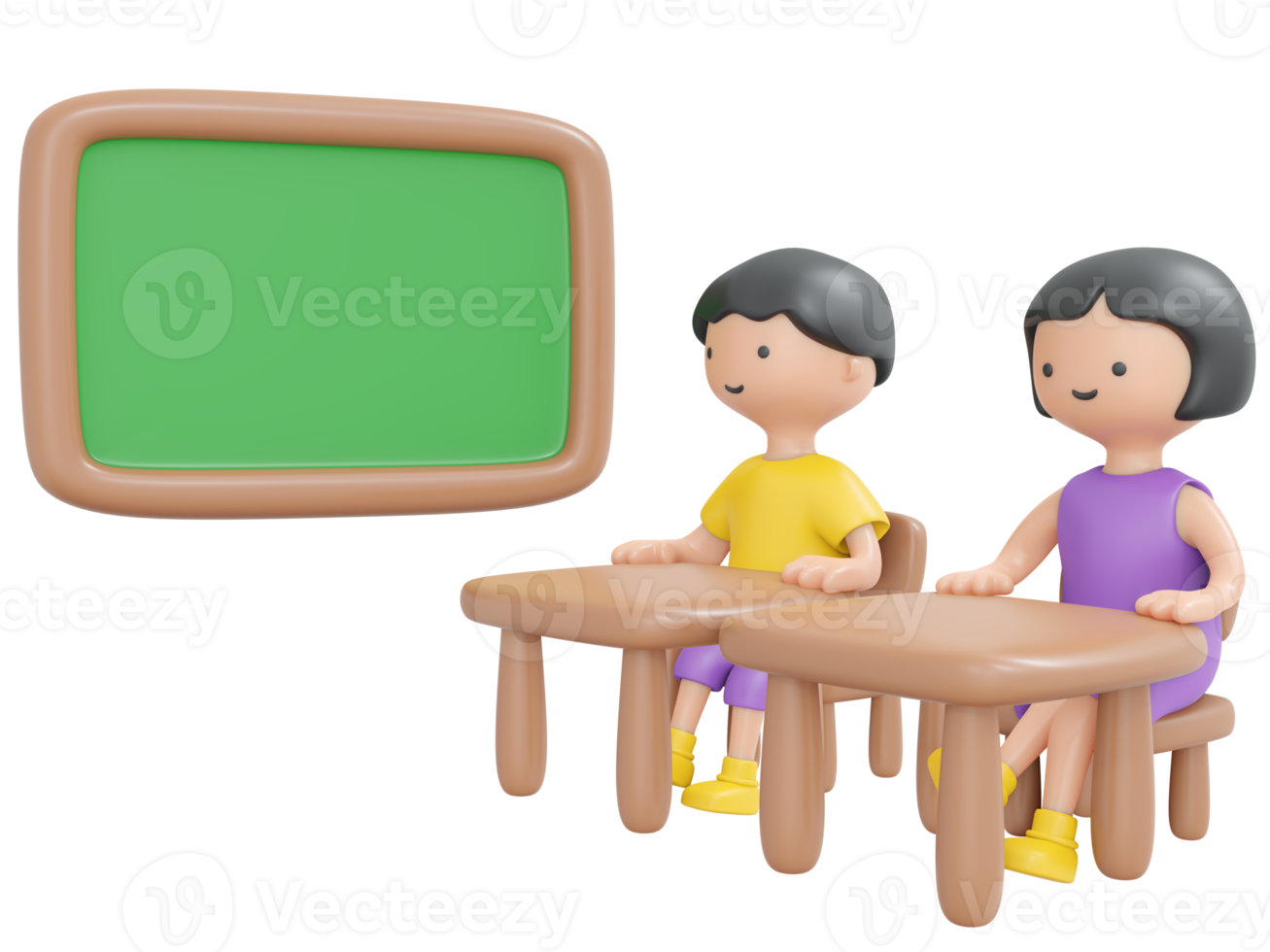 3D Rendering happy boy girl sitting on desk study in school classroom with board cartoon style. 3D Render illustration. png